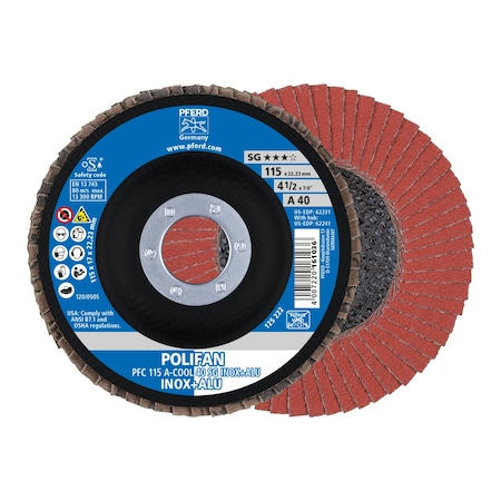 Pferd 4-1/2" x 7/8" A.H. POLIFAN Flap Disc - A-COOL SG INOX+ALU, Aluminum oxide, 40 Grit, Conical 62231